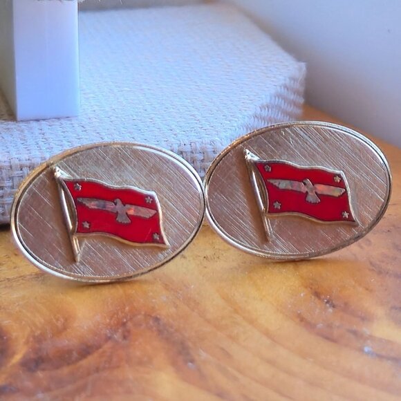Vintage  Cufflinks American President Lines Logo Red Enamel Flag Bird Stars - Picture 1 of 11